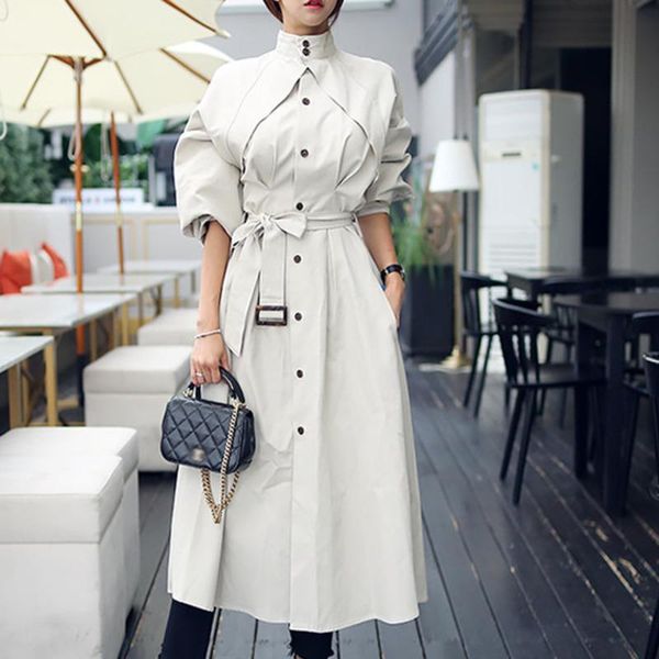 

women's trench coats [ewq] korea casual trend women stand-up collar single-breasted belt fashion long-sleeved windbreaker jacket autumn, Tan;black
