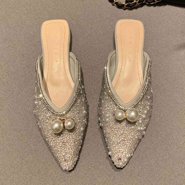 

women's slippers pointed toe sandals shoes flocked string mules granules flat party moccasins flip-flops pump women's ballet luxur, Black