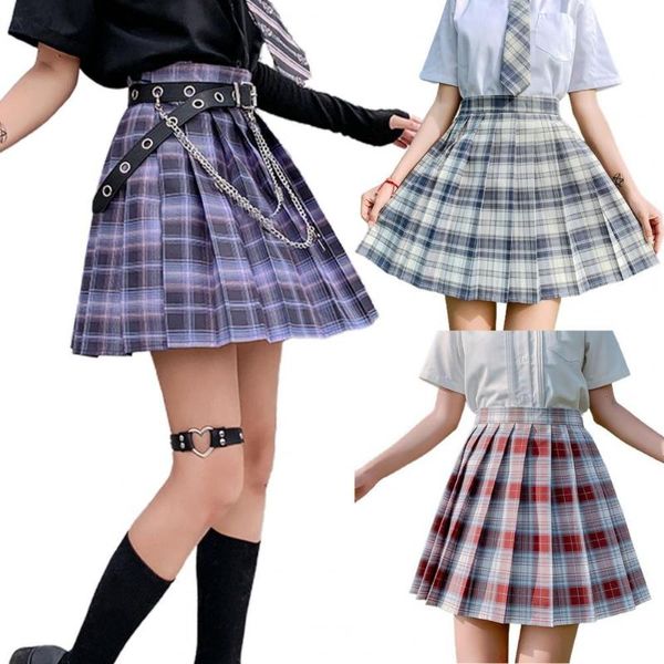 

skirts harajuku plaid skirt women 2021 y2k high waist mini tennis uniform chain pocket a-line streetwear vintage belt, Black