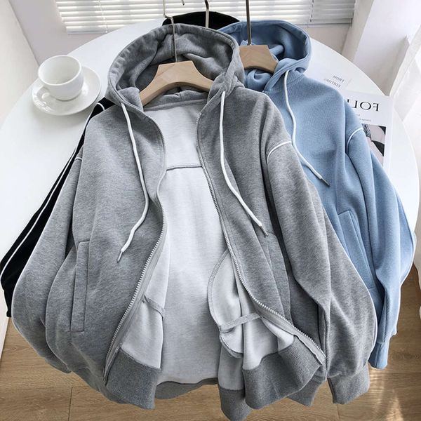 

21 autumn zipper cardigan women's hooded sweater korean loose lazy style leisure thin sports coat, Black