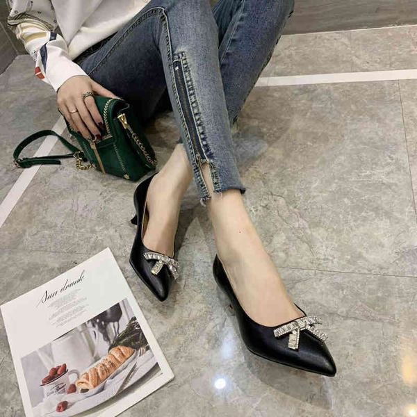

5cm 062205y black beige genuine leather bow kitten heels sheos lamb skin fashion work classic