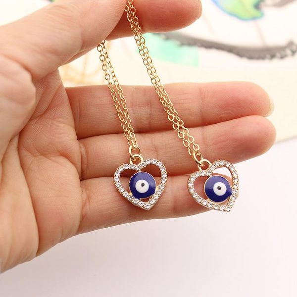 

pendant necklaces 2021 fashion wave chain turkey blue eyes long inset heart crystal necklace party charm jewelry pulsera mujer gifts, Silver