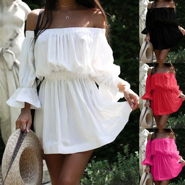 

off shoulder slash neck party dress women long sleeve autumn spring dress 2021 new fashion loose casual beach vestidos robe 210303, Black;gray