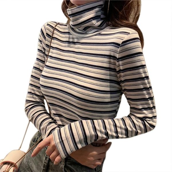 

women long sleeve turtleneck t-shirt contrast color striped ribbed slim, White
