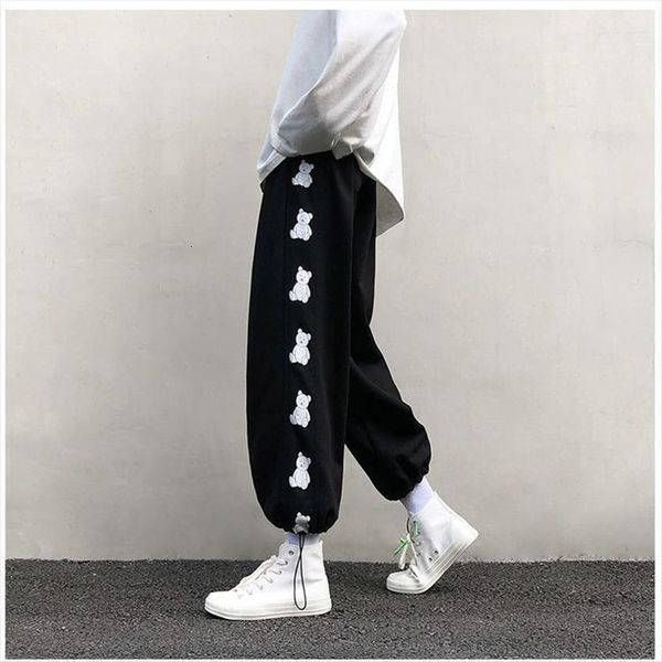 

harajuku cute bear print gray women capris jogging sweatpants oversized joggers black sports pants loose trousers korean style, Black;white