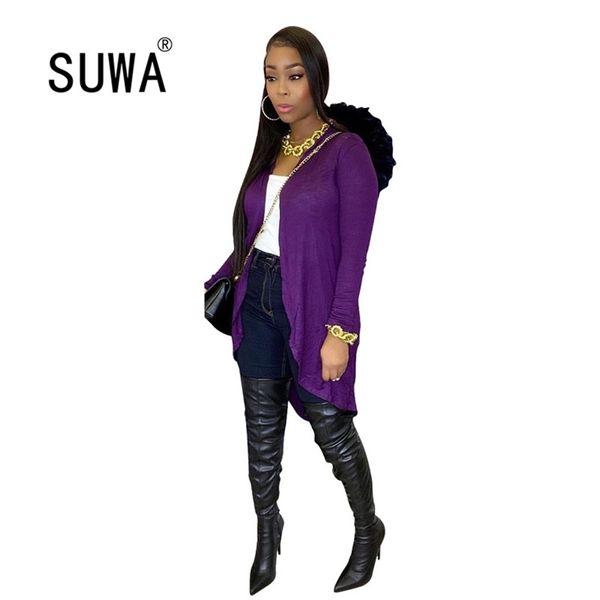 Плюс размер черный / фиолетовый обратно полый тонкий подходящий пальто женские мода с капюшоном с длинным рукавом с капюшоном Maxi открытый стежок Streetwear женская верхняя одежда 210525