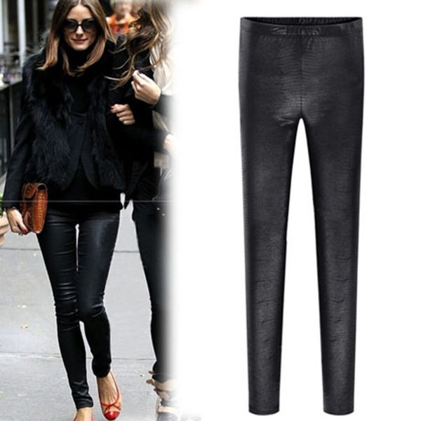 

2021 new women's clothing large size fat mm fashionable imitation leather snake skin leggings for spring and summer, Black