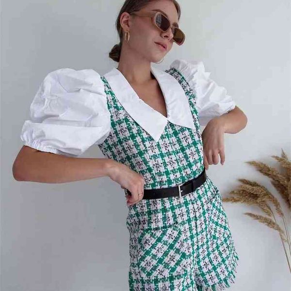 

women fashion slim with belt spliced tweed playsuits vintage girls puff sleeve back zipper short jumpsuits 210531, Black;white