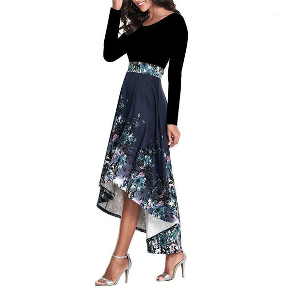 

women around neck fashion classy long floral print sleeve stitching summer dress high waist autumn elegant holiday vestido casual dresses, Black;gray