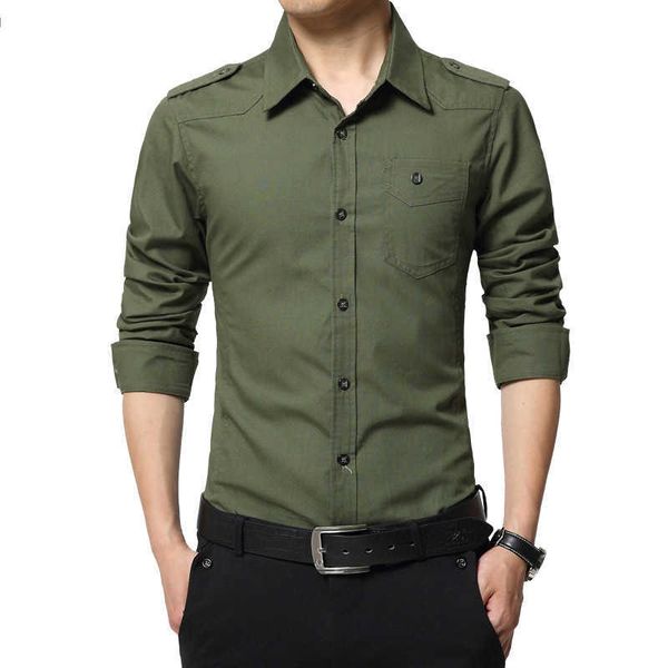 Мужская эполетная рубашка мода Полный рукав Epault Военный стиль 100% хлопка армия зеленый S с epaulets 210721