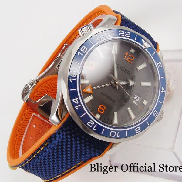 

wristwatches bliger sapphire glass mechanical men watch gmt hand date window rubber band rotating bezel, Slivery;brown