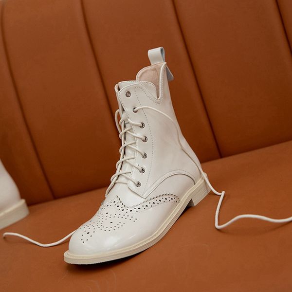 

real leather women ankle boots fretwork round toe zipper shoes cross strap winter warm boots party footwear 33-40, Black
