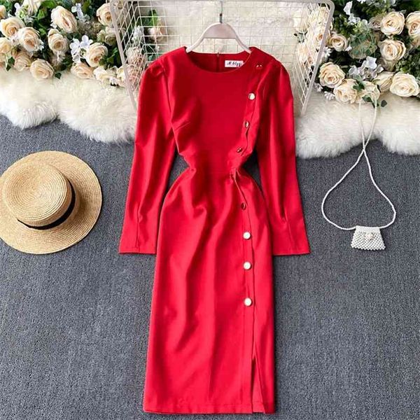 

women elegant pure color long sleeve dress buttons decoration office work autumn winter midi bodycon 210603, Black;gray