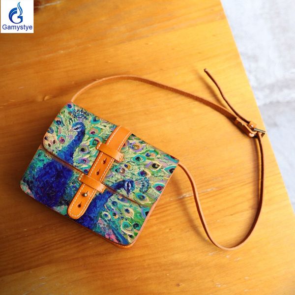 

real leather crossbody bag handmake oil painted peacock 2020 new summer square womens messenger bag women genuine leather bolsa
