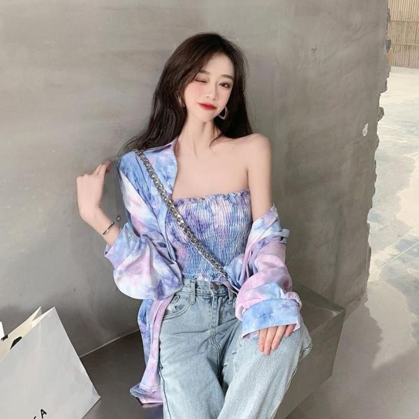 

fashion women 2021 early spring new loose design tie-dye shirt jacket female + tube two-piece suit, White