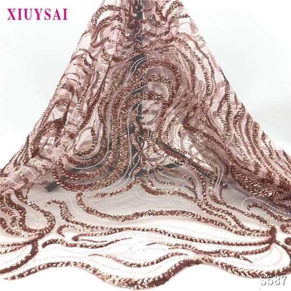 

heavy handmade beads lace fabric rose gold tulle mesh lace fabrics french sequins for nigeria bridal garments s587, Pink;blue