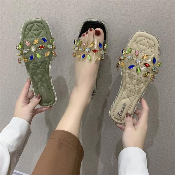 

slippers women wear 2021 new net red color diamond flat sandals and slippers in summer, all-match sea beach shoes women, Black