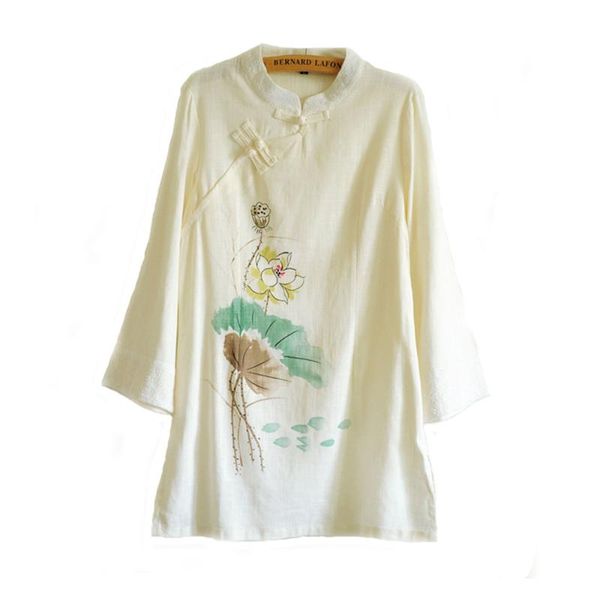

women chinese cotton linen costume traditional clothing zen style dress tang suit shirt lady long section yoga shirts, White;red