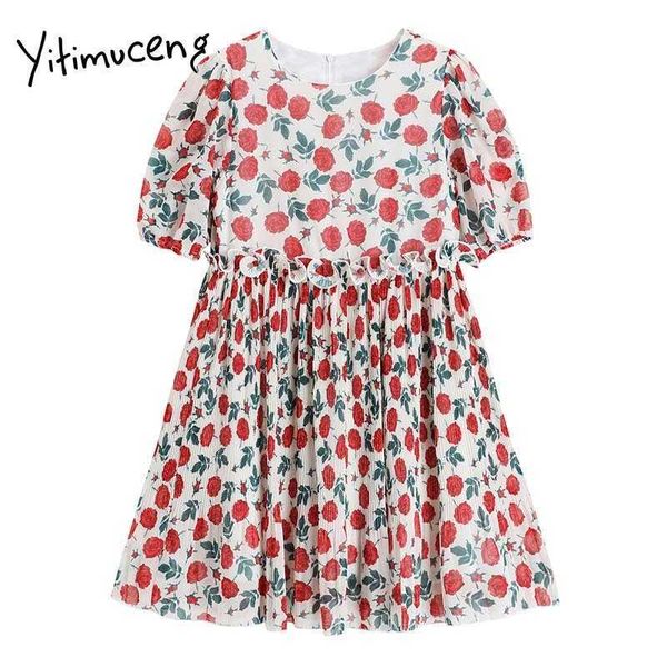 Yitimuceng Abiti con stampa floreale Donna Estate Mini Albero commestibile Fungo Manica a sbuffo Vita alta Abito A-Line Moda Boho 210601