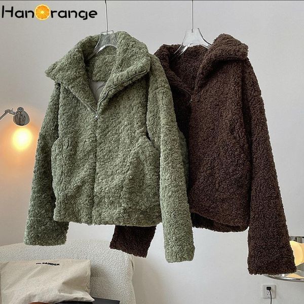 

women's wool & blends hanorange winter retro casual fake lambswool coat warm loose women thick teddy jacket, Black