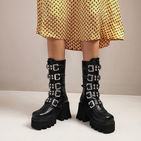 

boots black punk military platform gothic creeping wedges combat winter women mid calf buckle strap zipper