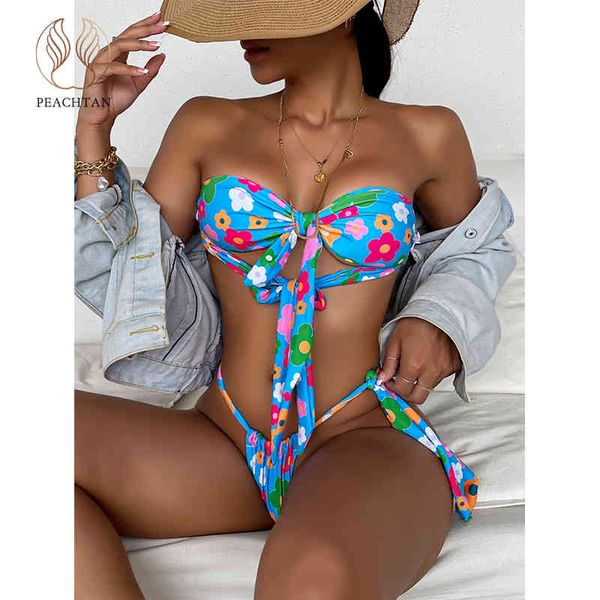 

peachtan bandage bikini floral print swimwear women off-shoulder swimsuit womens swimming suit brazilian bathing suit sexy, White;black