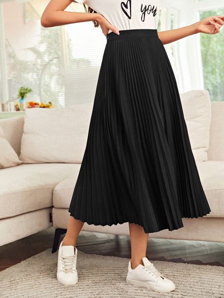 

high waist solid pleated skirt f3kd#, Black