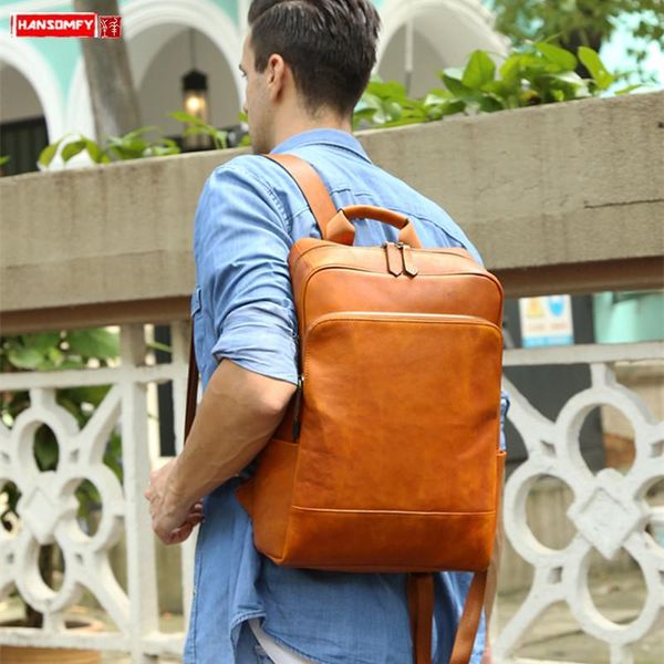 

backpack retro genuine leather men's male shoulder bag casual business lapbags school large capacity travel cow men
