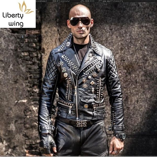 

men's fur & faux 2021 motorcycle pu leather jackets men hip hop rivet punk style lapel fashion zipper coats korean slim male overcoats, Black