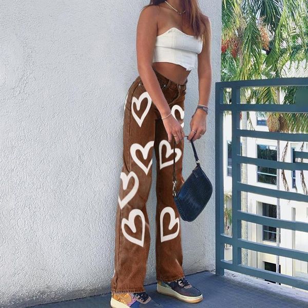 

women's jeans vintage baggy women high waist harajuku aesthetic trousers for heart printed street y2k denim pants streetwear, Blue