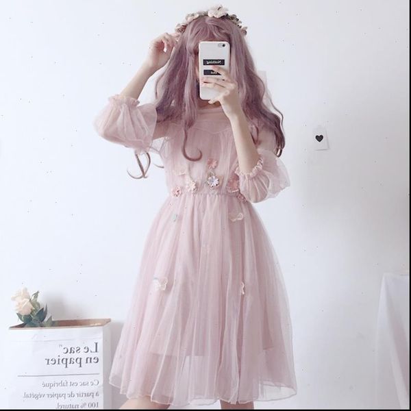

summer japanese lolita lace dress soft kawaii floral vintage flowers women clothing sweet pleated femme two piece sets, Black;gray