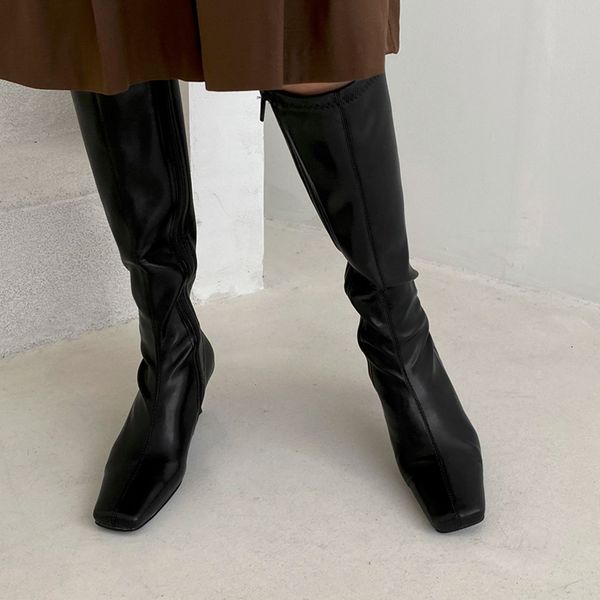 

winter high high-heeled boots, long zipper, square-headed shoes, lady size 33-42. zru5, Black