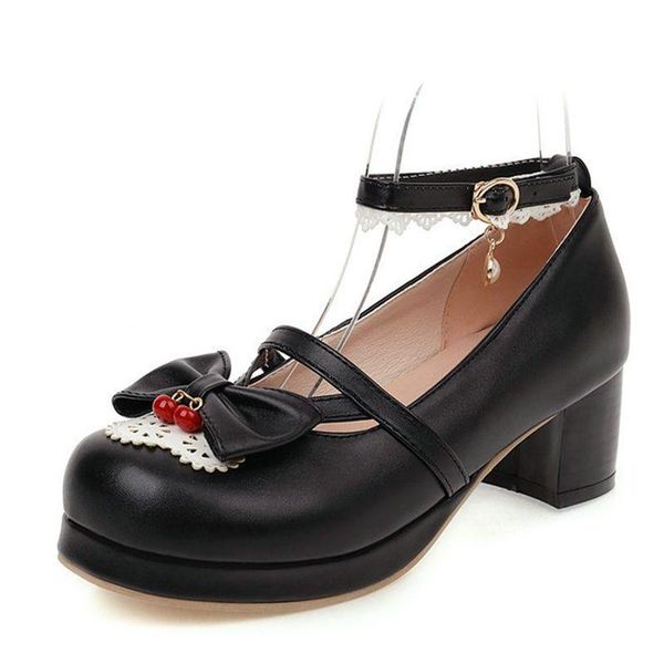 

dress shoes cross buckle thick mid-heel lace princess fairy round toe shallow mouth comfortable single, Black