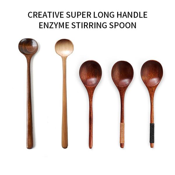 

spoons long handle wooden korean style natural wood round for soup cooking mixing stirring kitchen spoons^1