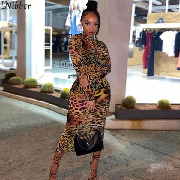 

nibber vintage leopard pattern multicolor midi dress women autumn bodycon ruffle mesh high streetwear see through clubwear, Black;gray