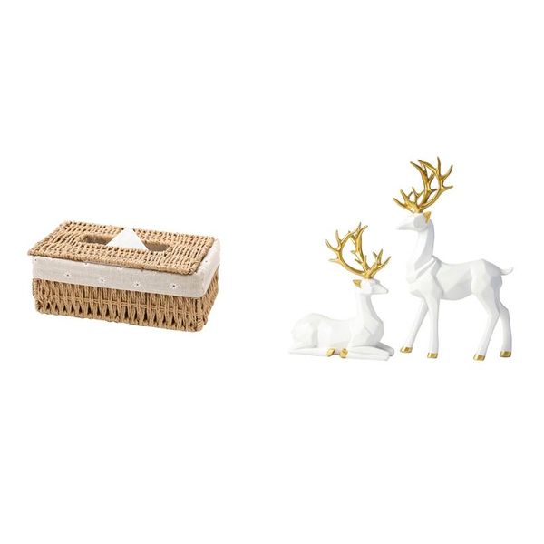 

tissue boxes & napkins 1x rattan box, household paper storage basket (khaki floral style) & resin deer figurine statue white