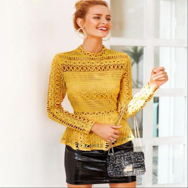 

paris girl elegant lace hollow out peplum blouse shirt women ruffles long sleeve white blouse autumn winter office ladys