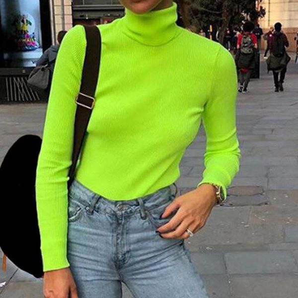 

women's sweaters fluorescent green jumpers women turtleneck long sleeve female winter knitted shirts pullovers club elastic m0243, White;black