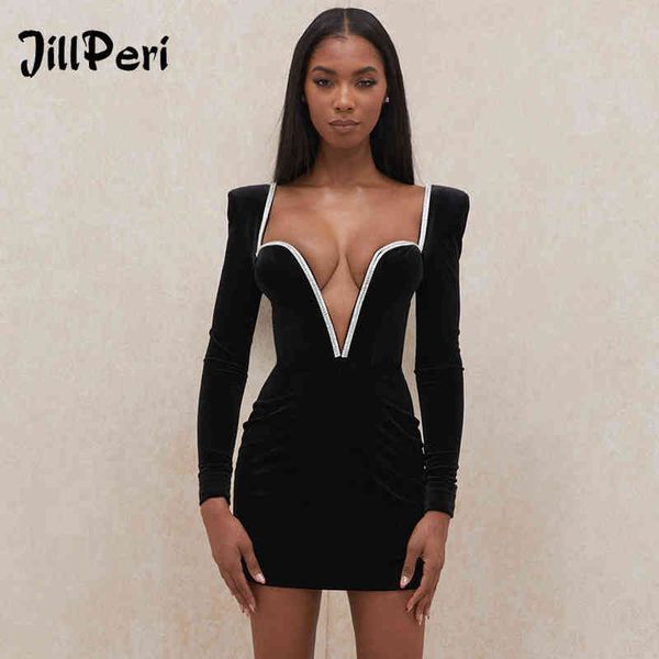 

jillperi long sleeve deep v neck wired diamante crystal padded shoulder bodycon outfits women winter velvet party dress g1214, Black;gray