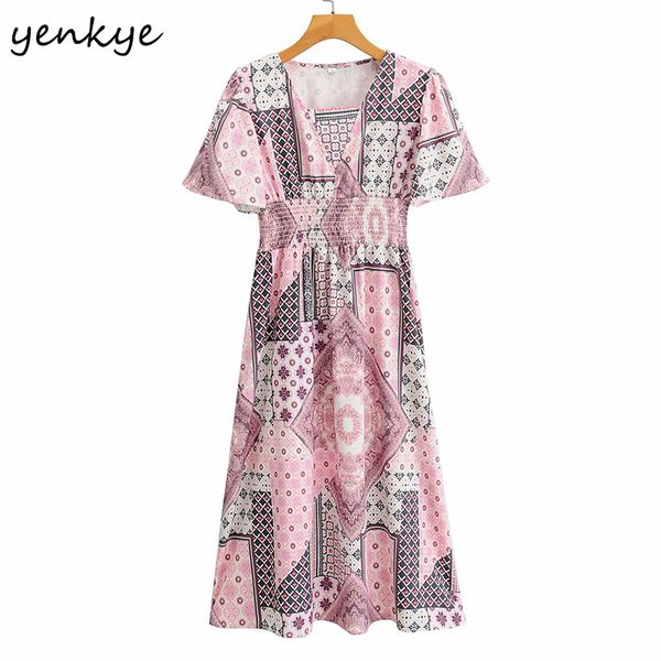 

2021 new holiday summer women vintage patchwork print v neck short sleeve femme elastic waist a-line midi casual robe rge7, Black;gray