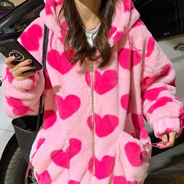 

women's jackets harajuku heart print plush jacket winter women 2022 korean oversized long sleeve zip up hoodie y2k pink coat warm, Black;brown