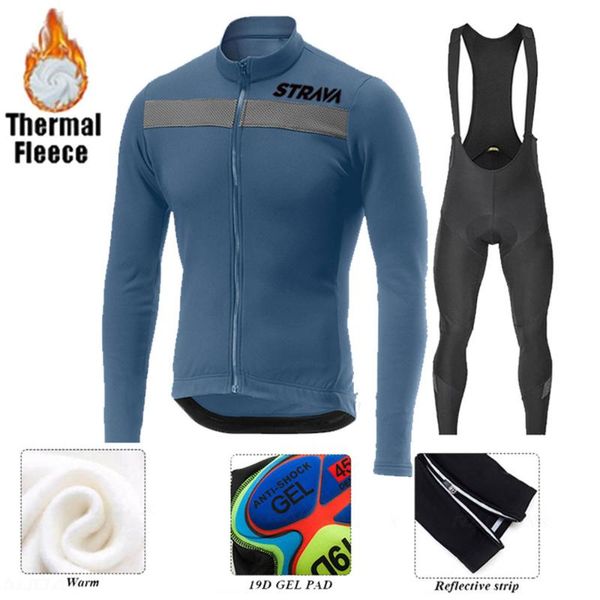 

racing sets strava 2021 winter long sleeve cycling clothes thermal fleece jersey set mountain road bike ropa de ciclismo hombre warm, Black;blue
