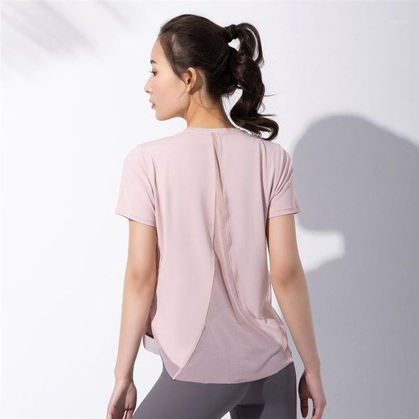 

summer net yarn patchwork yoga shirts women breathable quick-drying sport outdoor loose running short-sleeve t shirt outfit