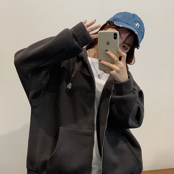 

2021 sweatshirt autumn and winter new embroidery stitching loose thick long-sleeved zipper jacket women's hoodie college style wkd3, Black