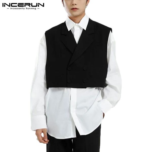 

men's casual shirts 2021 men patchwork shirt long sleeve fashion fake two pieces double breasted vests streetwear camisas 5xl incerun, White;black