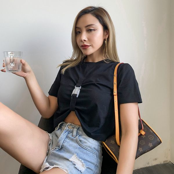 

streetwear solid color short sleeve splice buckle crop women o-neck fashion t shirt female summer casual top, White