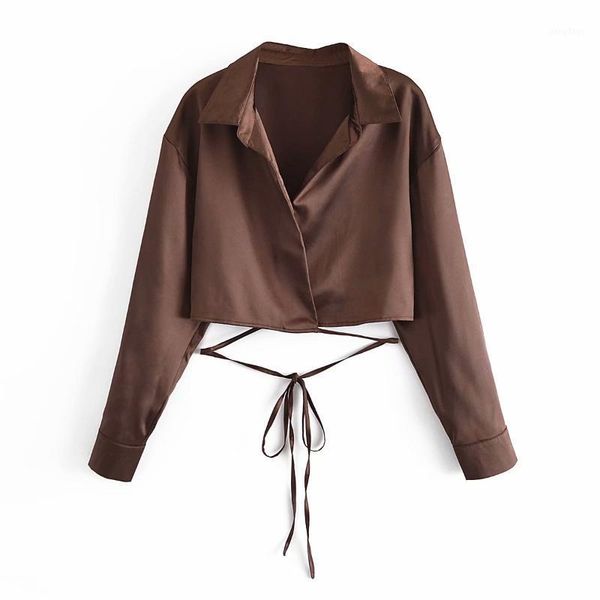

women's blouses & shirts 2021 summer women lace up long sleeves v-neck crop chic lady fashion casual, White