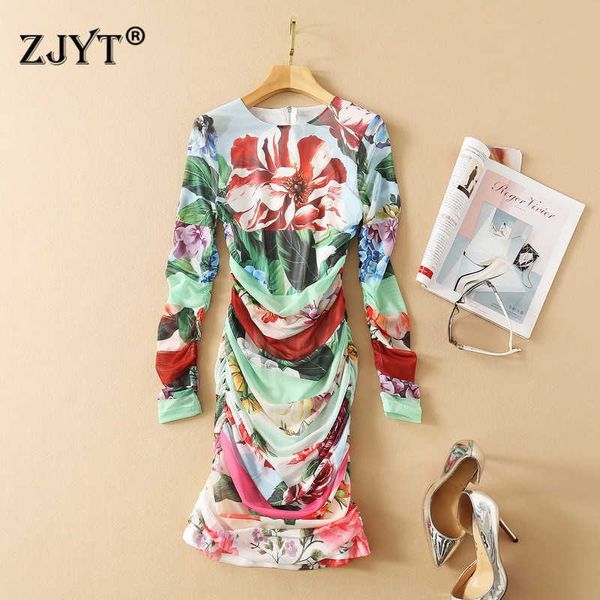 

spring runway fashion floral print draped sheath mesh dress celebrity party robe elegant full sleeve women vestidos 210601, Black;gray