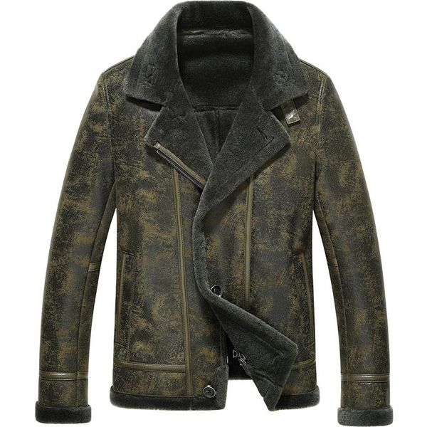 

men's leather & faux boollili genuine jacket motorcycle coat biker black real sheepskin shearing overcoat outwear
