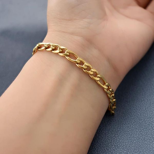 

link, chain gold filled stainless steel figaro & link bracelet for men women 5mm wide bangle male hip hop jewelry, Black